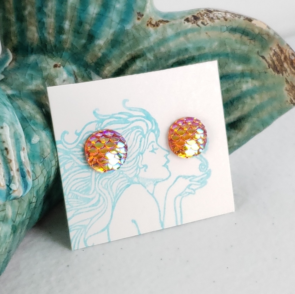 Orange Mermaid Scale Flatback Stud Earrings